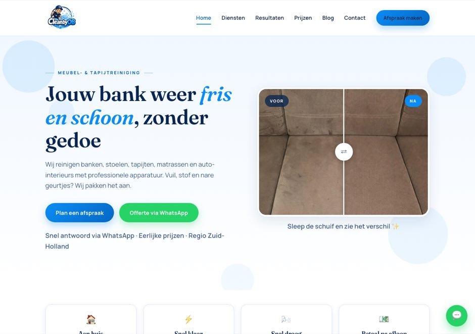 CleanByOB homepage — furniture and carpet cleaning in Zuid-Holland
