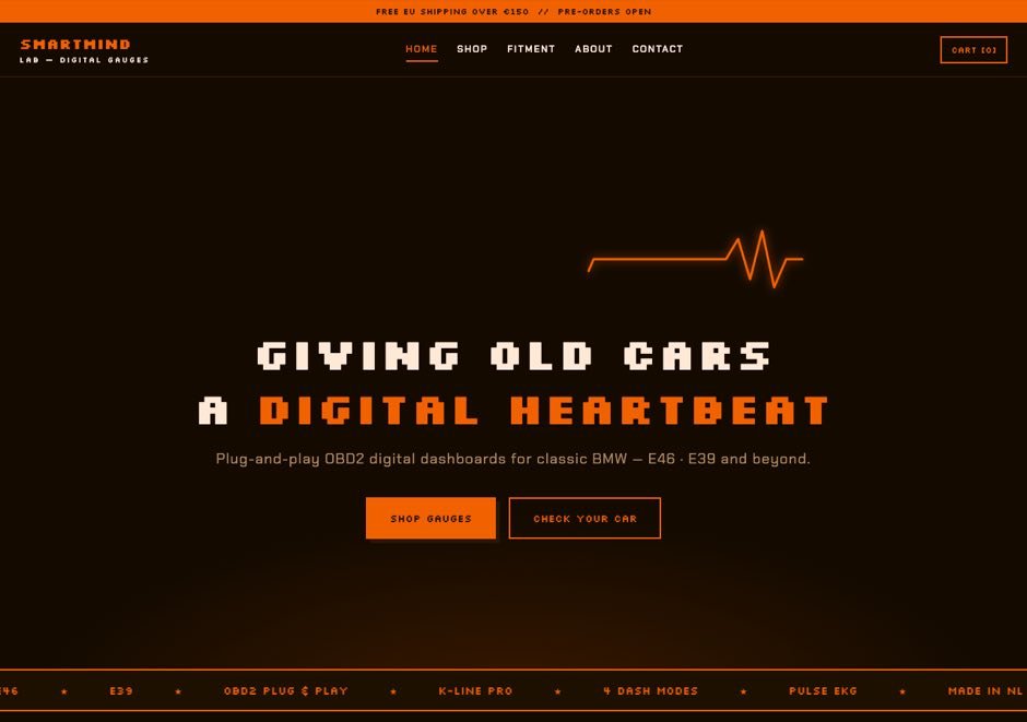 SMARTMIND LAB homepage — digital OBD2 gauges for classic BMW